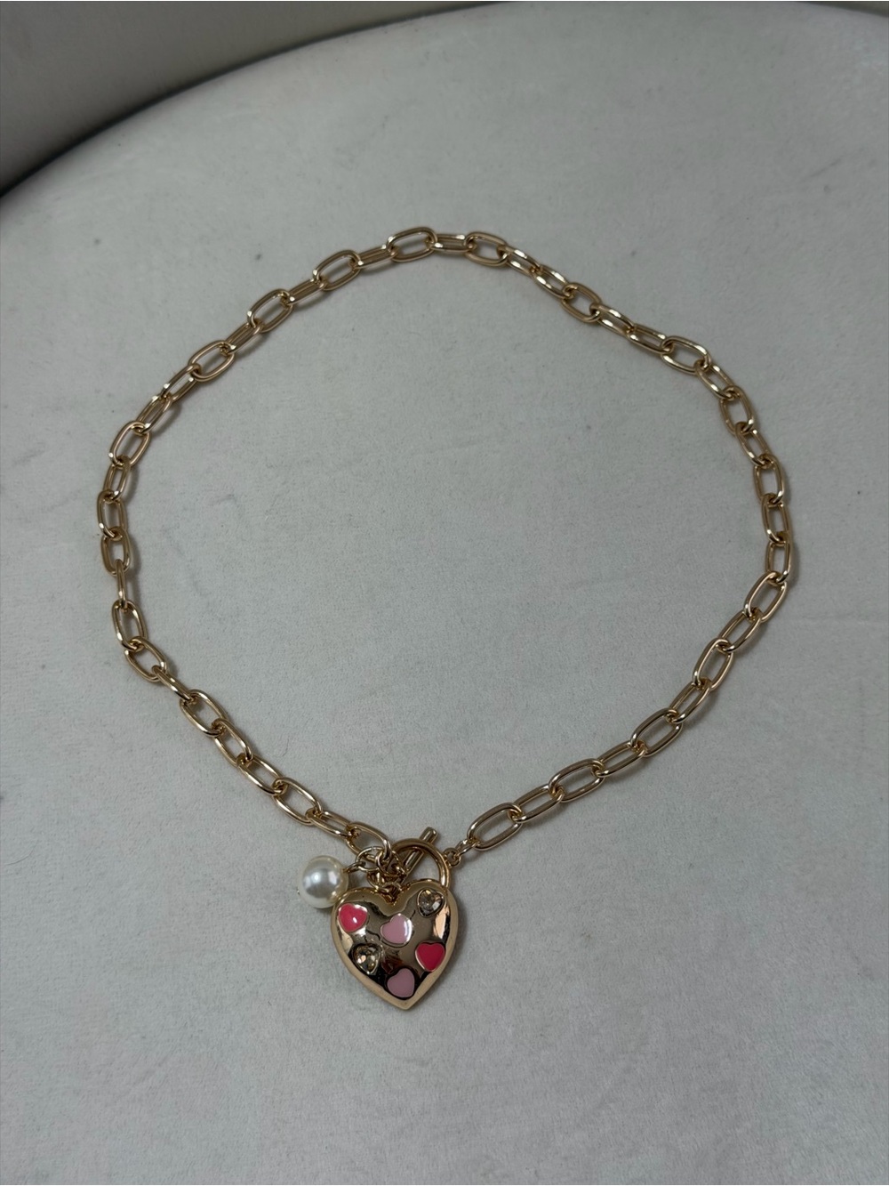 Gold Tone Paperclip Chain Heart Charm Necklace with Pearl Toggle Closure